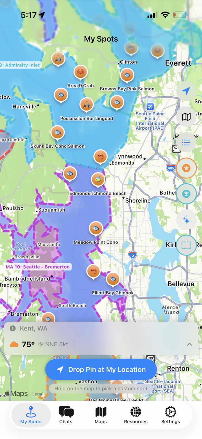 John's fishing app map of Puget Sound
